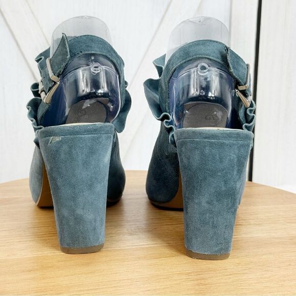 Seychelles by Anthropologie Sightseeing Suede Slingback Peep Toe Heels Teal 9 - Picture 5 of 11